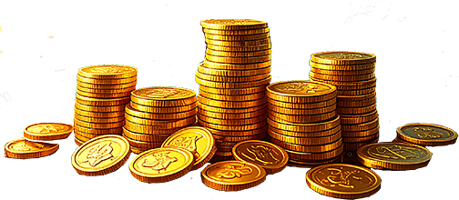 An image of 5 Stacks of Gold Coins, surrounded by 10 individual gold coins.
